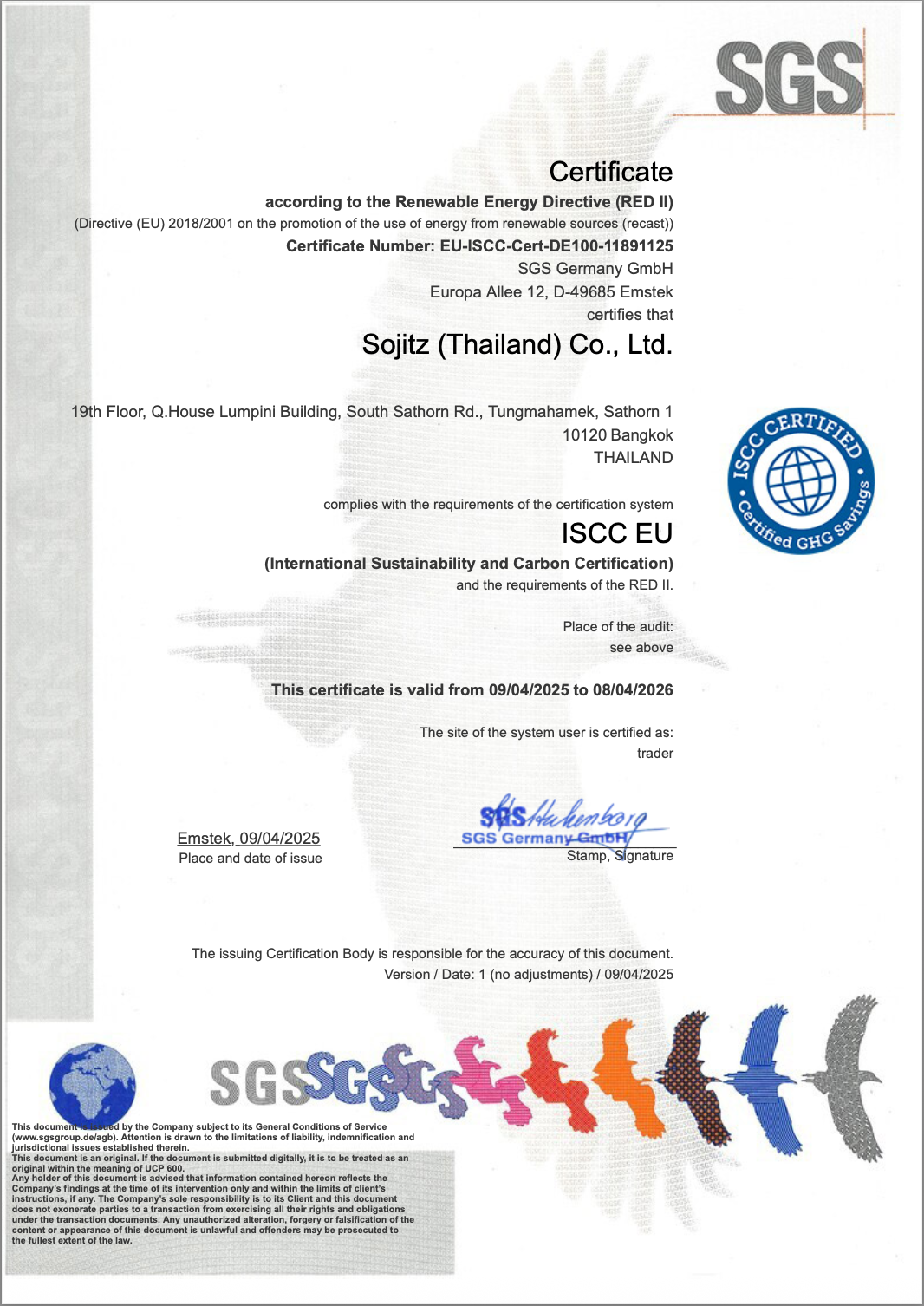 Sojitz sustainability cerificate